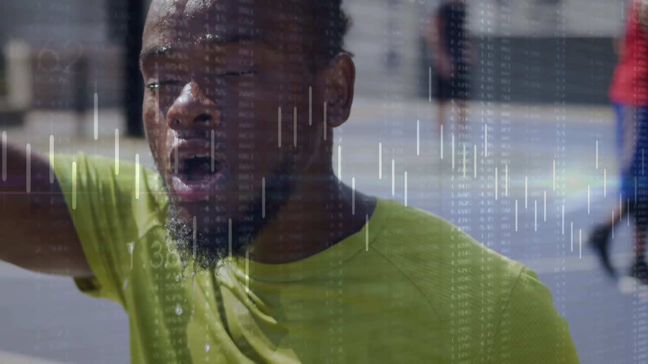 male athlete raising arm wiping sweat on outdoor court, showing translucent sports analytics charts
