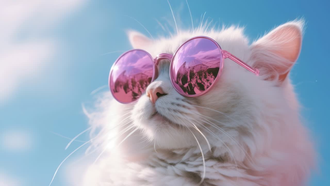 A fluffy white cat wearing pink sunglasses, captured in a close-up, low-angle shot, reminiscent