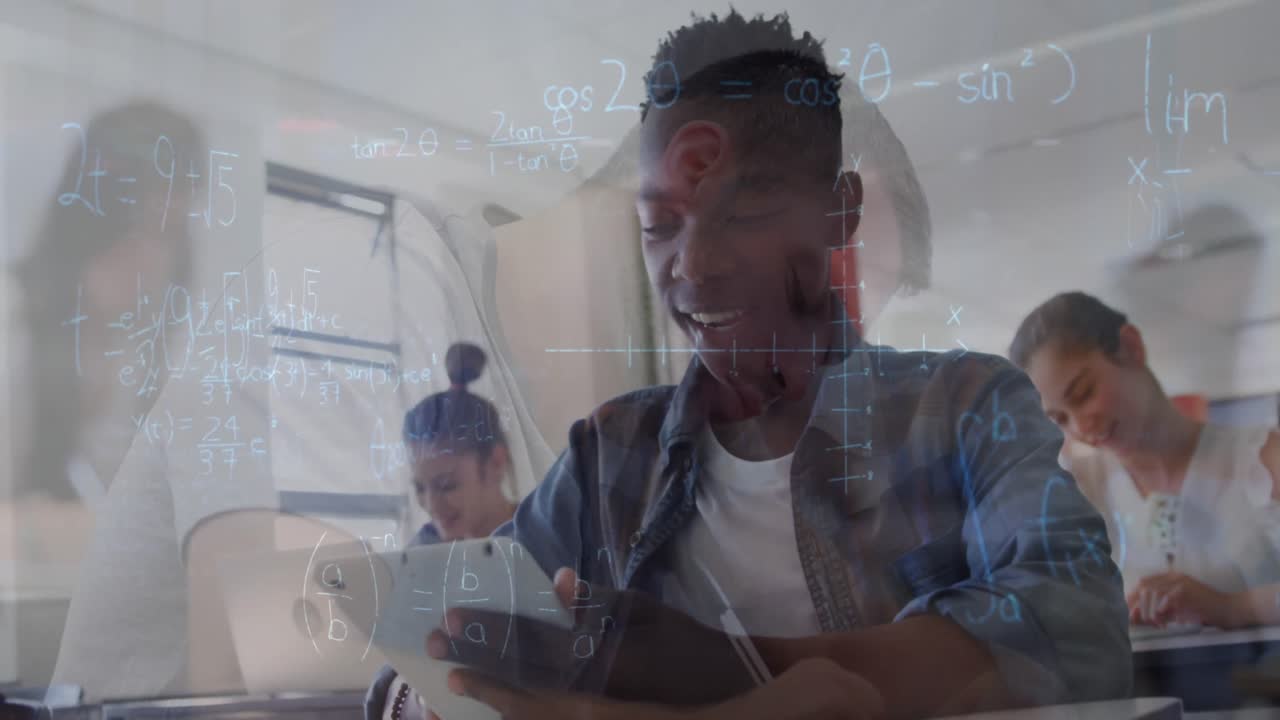 Animation of math formulas moving over african american boy with tablet and class of diverse pupils