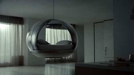 futuristic spherical hanging bed in a modern minimalist bedroom