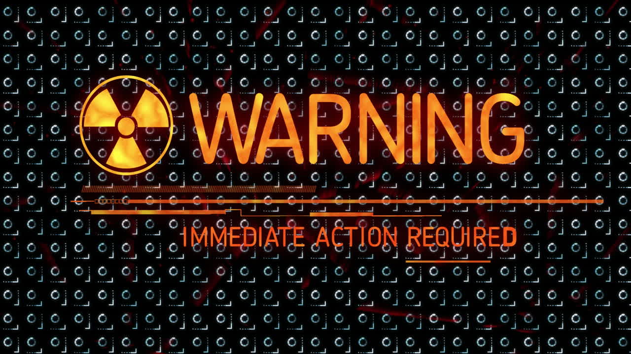 Warning text over digital circuit pattern with animation for urgent action needed