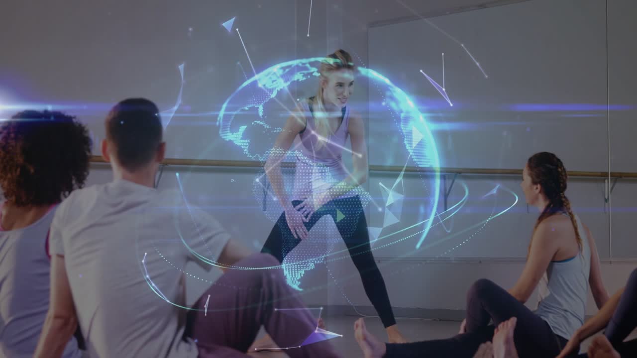 Coach stepping forward cueing lunge form, fitness class mirroring, holo globe forming around coach