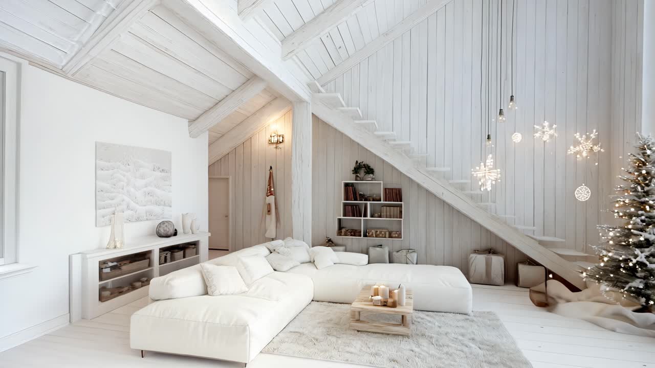 acogedora cabaña escandinava blanca sala de estar con decoración navideña