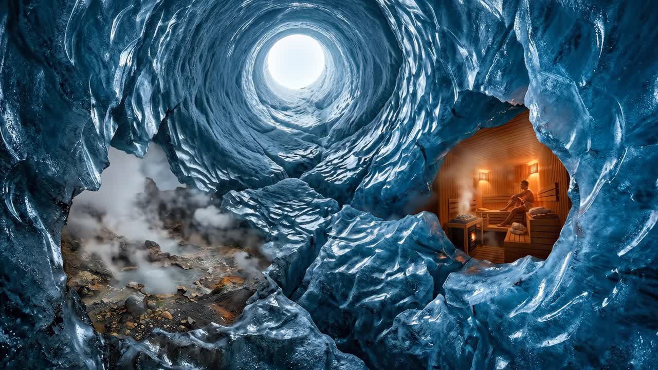 Höyryävä jääluola sinisellä valaistuksella ja geotermisellä toiminnalla.