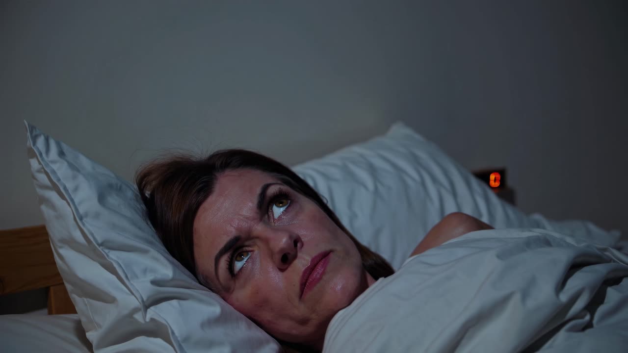 A woman lying in bed at night, looking worried. The video uses a close-up angle