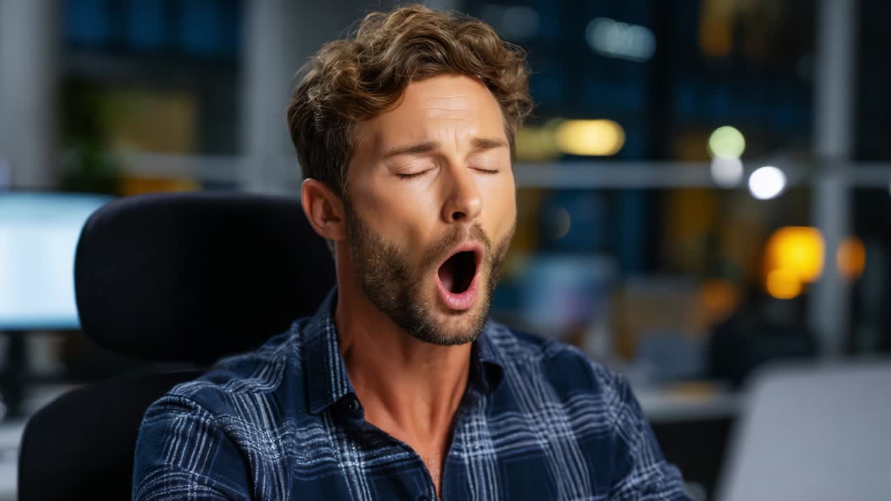 A man transitions from a moment of exhaustion and yawning to a burst of laughter, capturing the contrast of fatigue and joy within a professional setting, highlighting the emotional spectrum of a workday