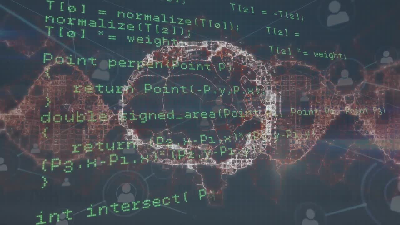 Animation of network of profile icons and data processing against spinning human brain icon