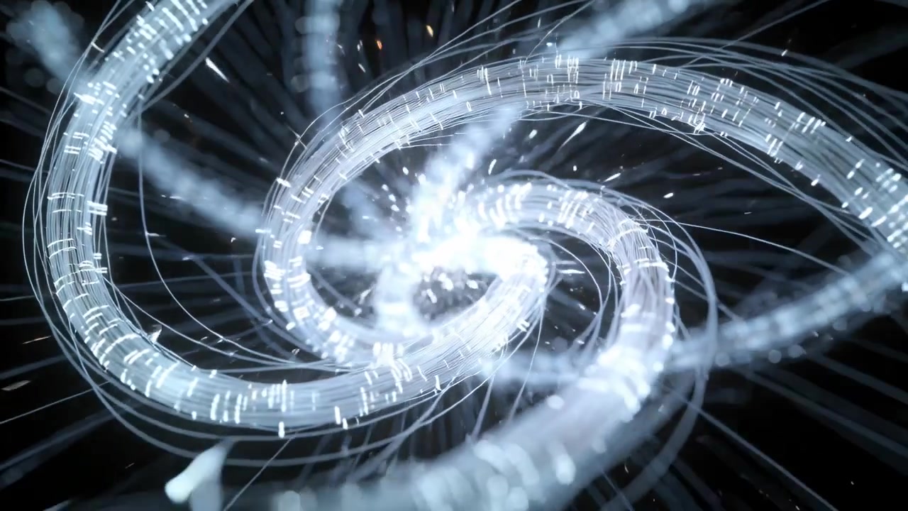 Pulsing core drawing rotating twin spiral tubes with light markers to core in void, emitting puffs