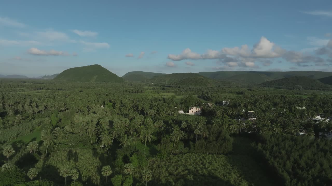 Dron se desliza sobre una verde aldea rural en Ammeensahabpeta, cerca de Anakapalli, revelando densas arboledas de cocoteros, colinas verdes, arrozales y tejados blancos.