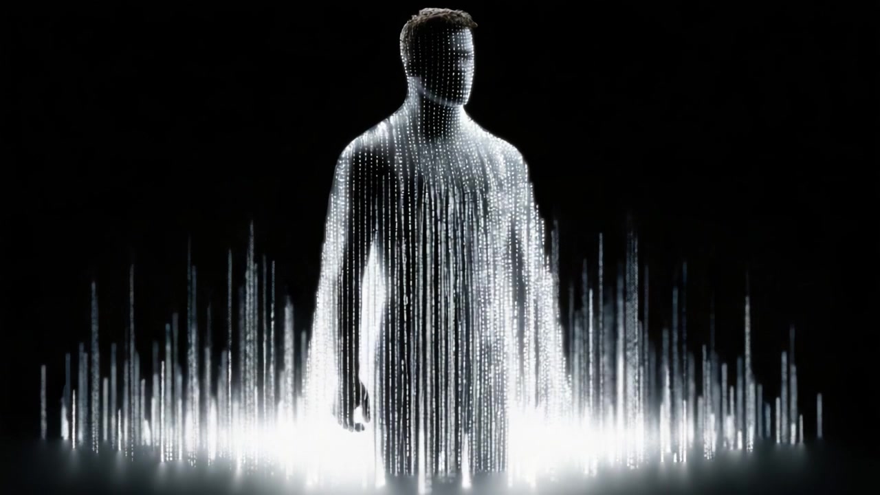 Un Essere Digitale Emerge: La Trasformazione di una Figura Circondata da Flussi a Cascata di Luce e Dati, Rappresentando l'Intersezione tra Realtà e Virtualità