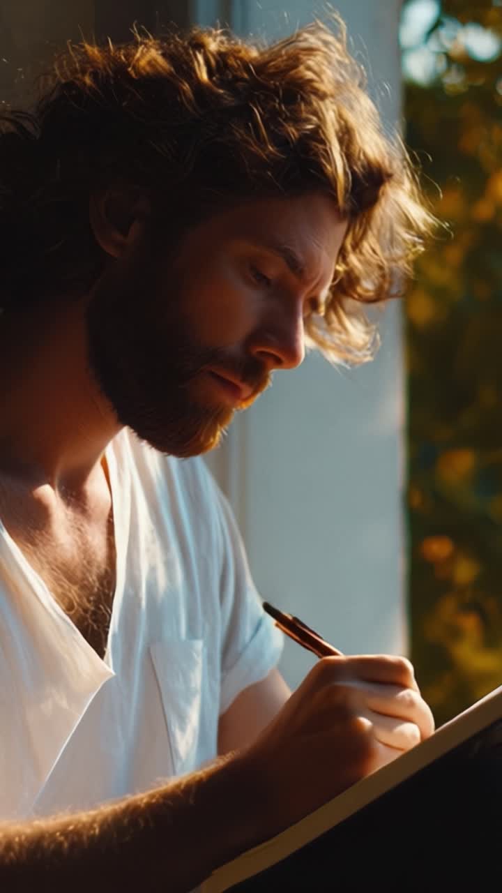 Un uomo pensieroso colto in introspezione: scrive vicino alla finestra in luce dorata, perso nella creatività e nell'ispirazione, circondato dalla bellezza della natura