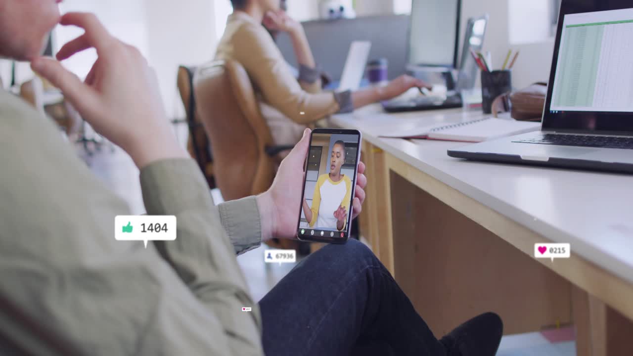 Man holding phone during live call, spawning hearts likes counters rising then fading for marketing