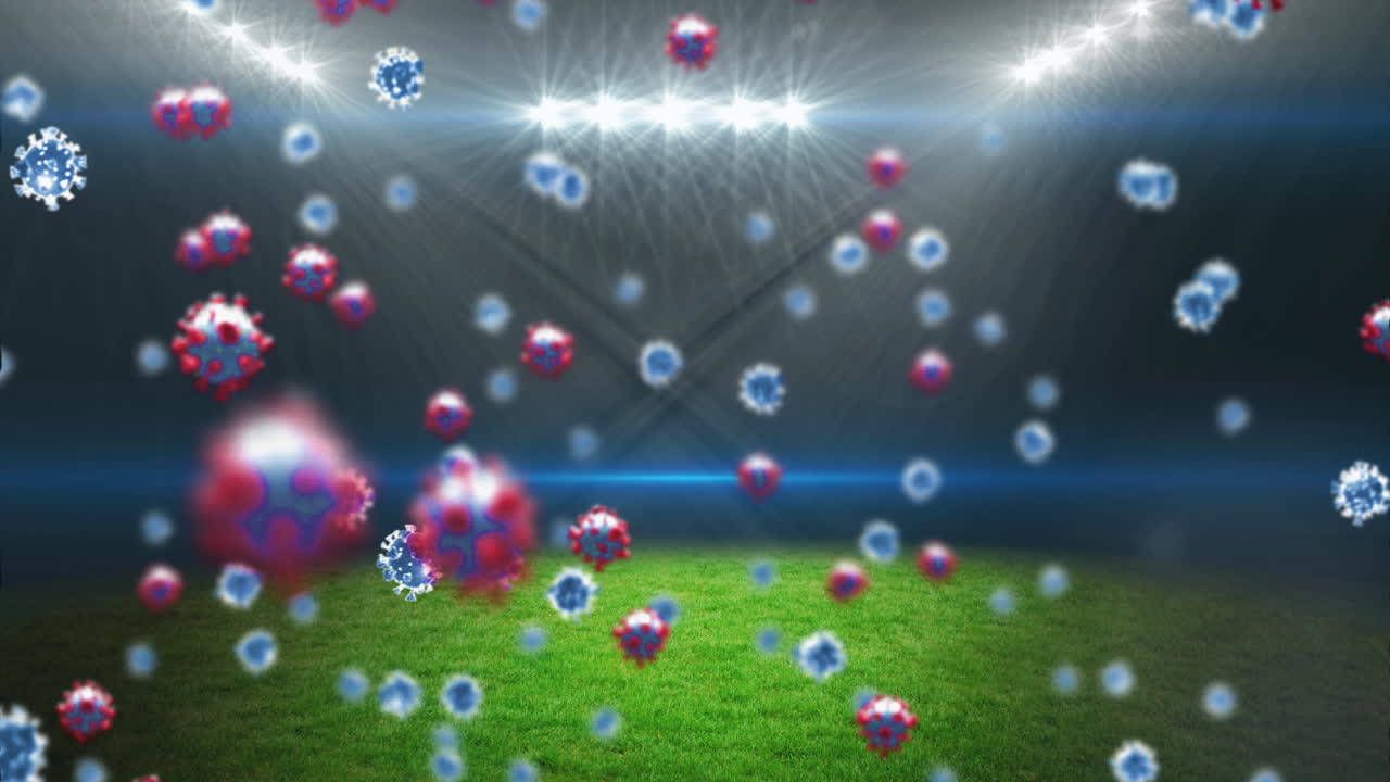 빈 스포츠 경기장 위의 코로나 19 세포의 애니메이션
