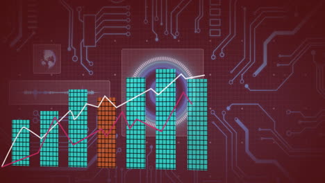 bar and line graphs over digital circuit board and abstract circular animation