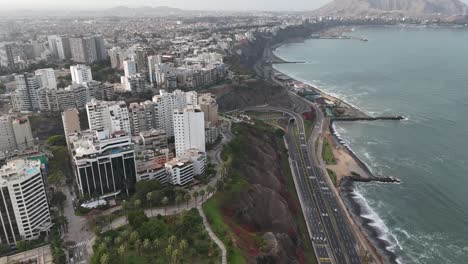 Aerial-drone-morning-footage-of-Lima-skyline,-the-capital-city-of-Peru-in-South-America-Miraflores-Chorrillos-Barranco-Malecón-de-Miraflores-cliffs