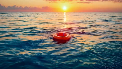 a life preserver floating in the ocean at sunset