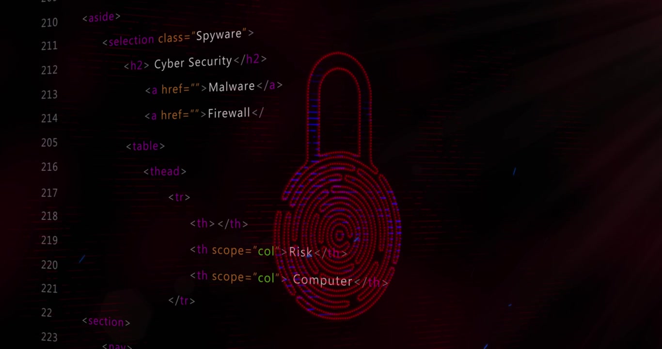 Animation of online biometric fingerprint security padlock, binary coding and data processing