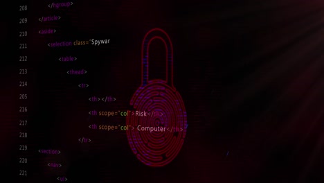 Animación-Del-Candado-De-Seguridad-Biométrico-De-Huellas-Dactilares-En-Línea,-Codificación-Binaria-Y-Procesamiento-De-Datos