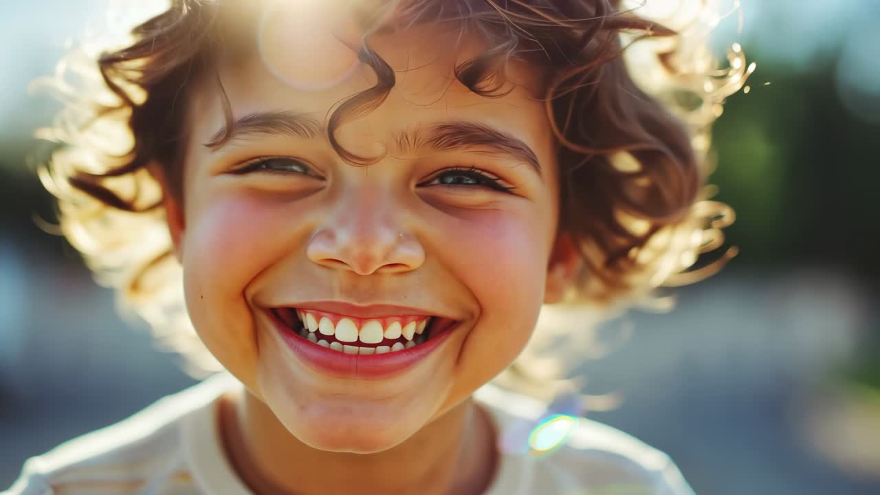 Menino sorrindo e cacheado, iluminado pelo sol, semicerrando os olhos e se inclinando no quintal, camisa listrada, reflexo de lente e bokeh
