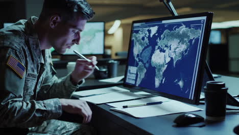 military officer analyzing global data on computer