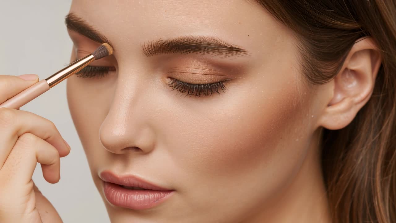 Gliding rosegold brush sweeping from left along right brow in studio defining brow