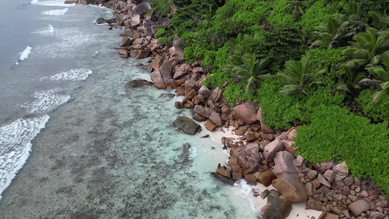 Aerial View of Tropical Beach with Rocks and Palm Trees