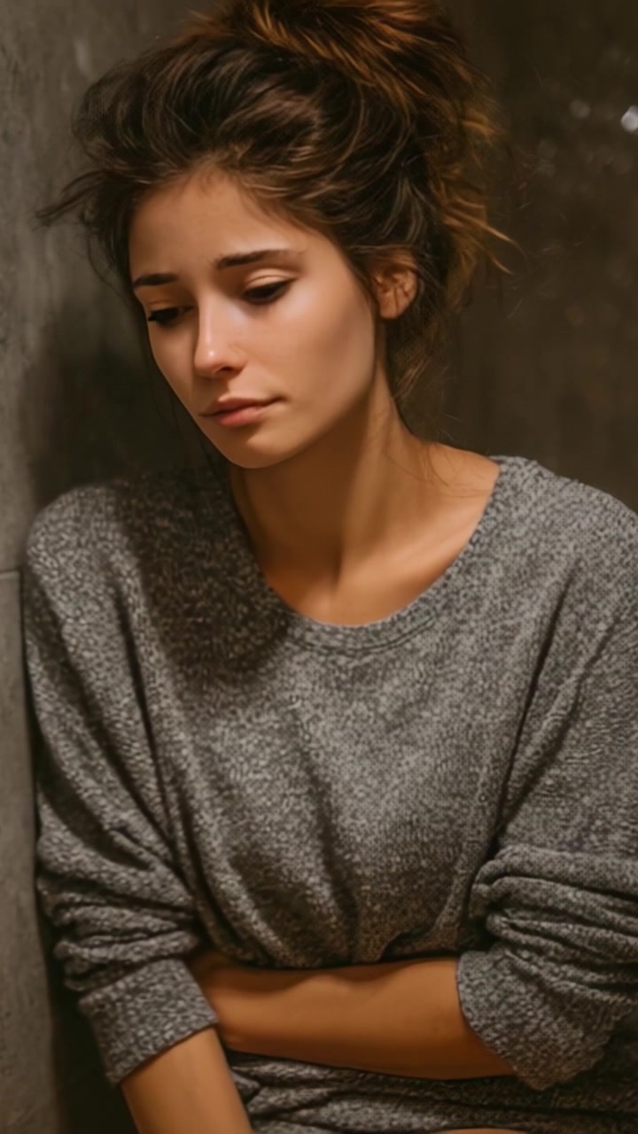 Una giovane donna in contemplazione: un viaggio visivo attraverso la profondità emotiva e l'introspezione in un ambiente sereno e poco illuminato.