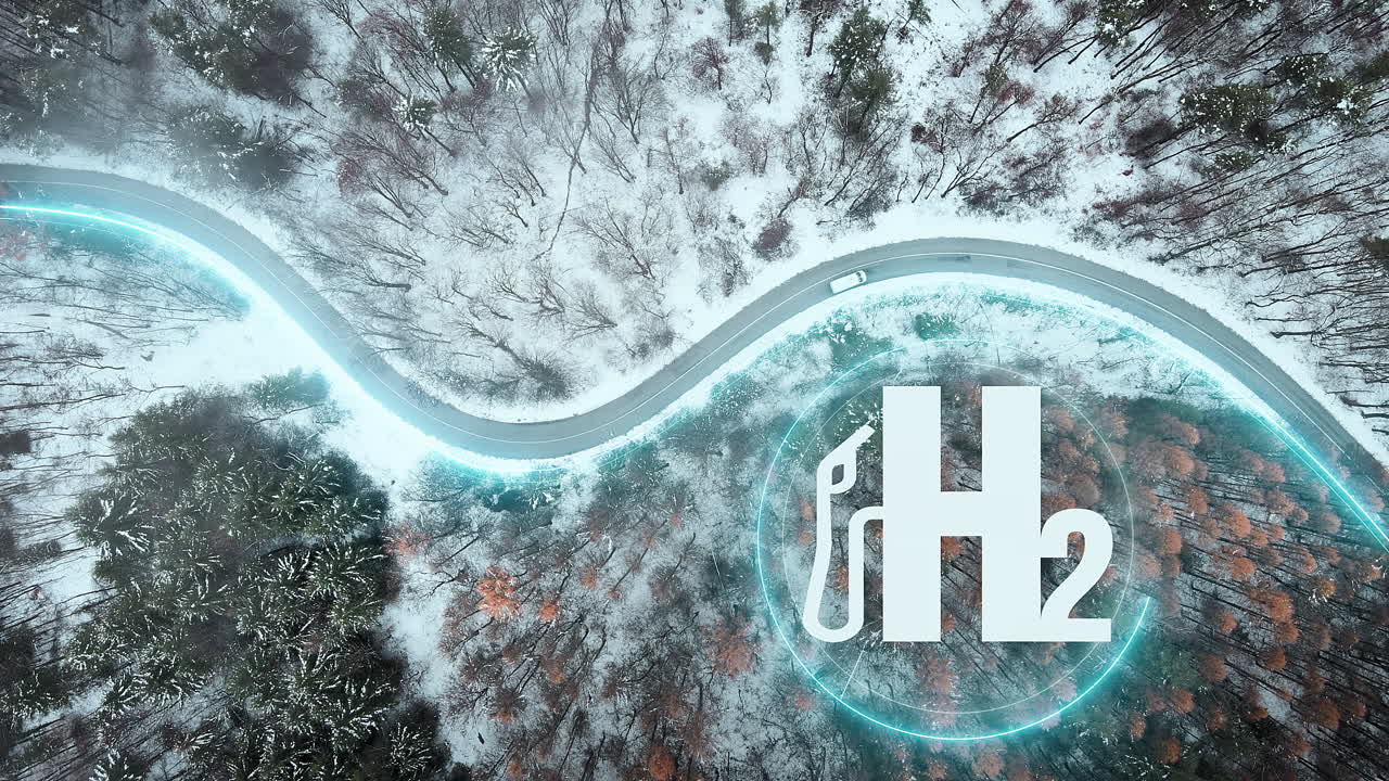 Hydrogen H2O Car producing electricity while driving on a winter forest road