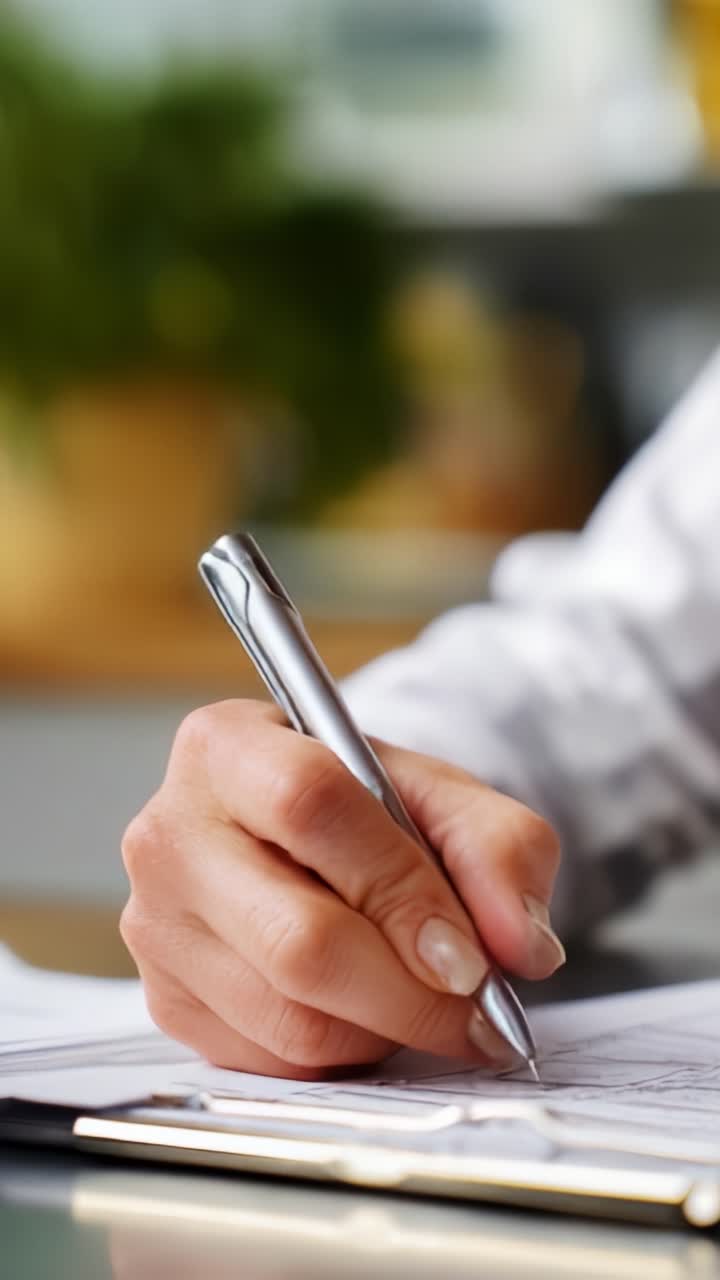 Una mano concentrata che prende appunti con una penna argentata su un blocco appunti, illustrando l'arte della documentazione accurata e l'importanza della precisione nella comunicazione