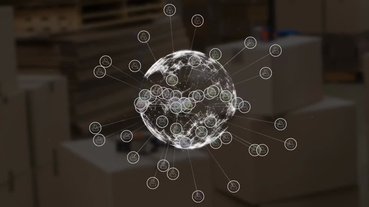 animación de la red de conexiones con iconos digitales, globos y cajas de cartón