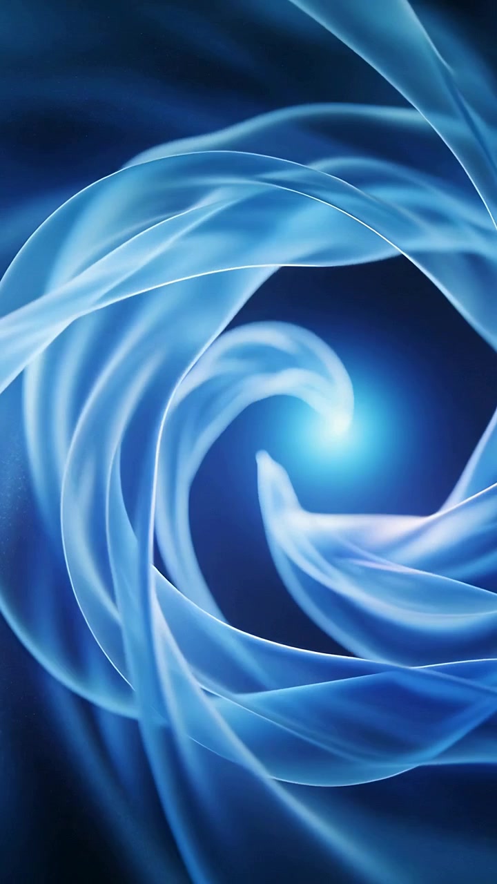 Video verticale: Un'orbita ciano pulsante che attira nastri blu verso l'interno su uno sfondo blu navy, assorbendo energia