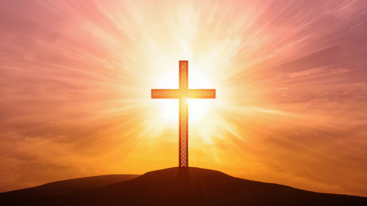 Rising sun backlighting patterned cross on low hill, brightening halo and revealing lattice detail