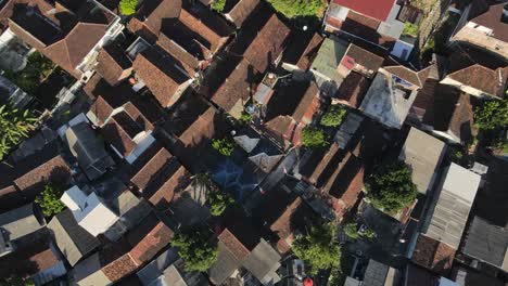 an aerial view of downtown yogyakarta, cities, buildings, houses and small streets was shot in the morning