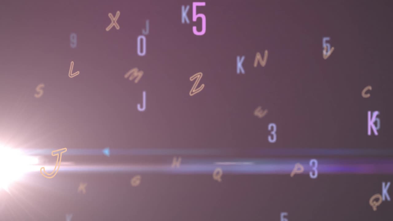 Digital animation of multiple changing numbers and alphabets against spot of light on purple backgro