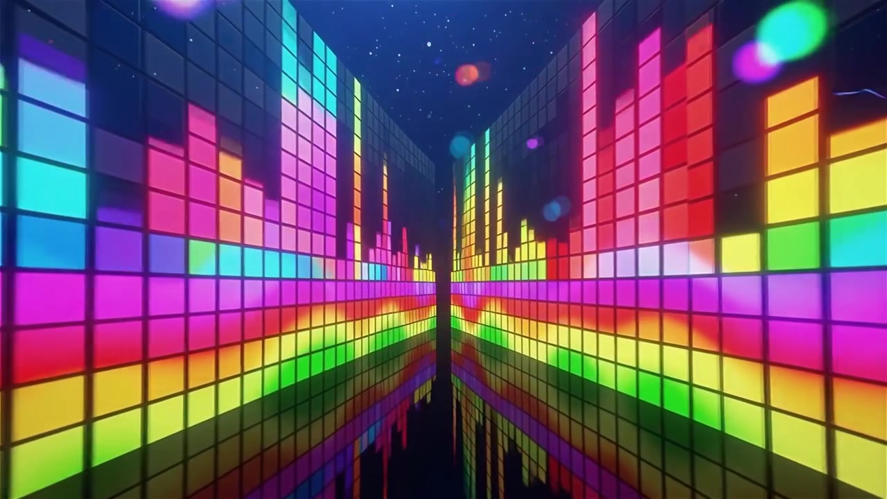 Futuristisk regnbuefarvet neon musik equalizer visualisering baggrund.