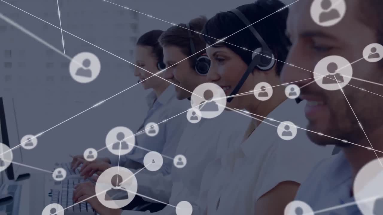 animación de la red de conexión con iconos sobre personas de negocios que usan auriculares de teléfono