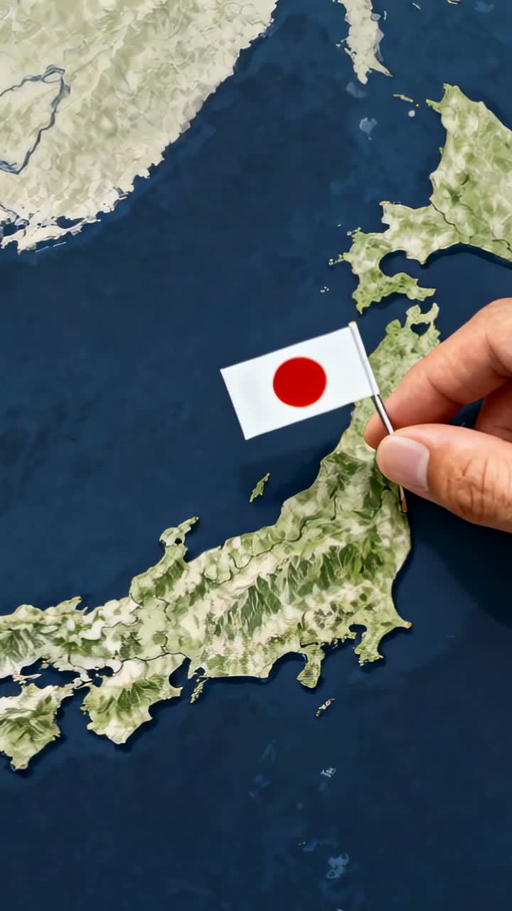 Vertical video: Entering hand placing Japan flag pin over Honshu map, marking coast, copy space