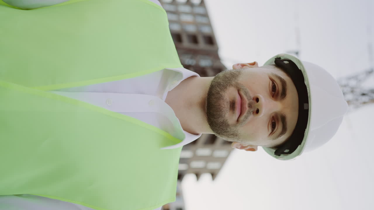 Portrait of a construction worker in a hard hat and safety vest