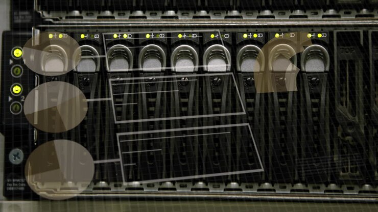 Animation of financial data processing over computer server background