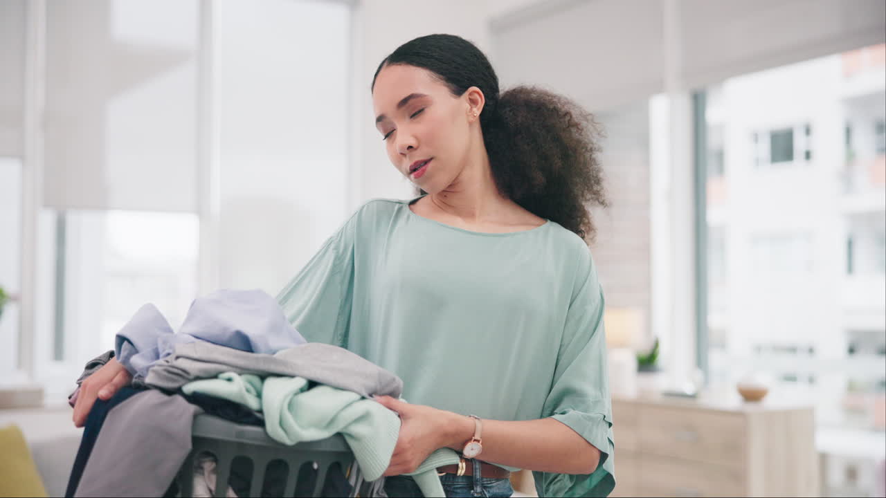 Laundry, portrait and woman with washing clothes