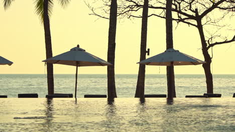 complejo con vistas al mar con piscina infinita y sombrillas al atardecer