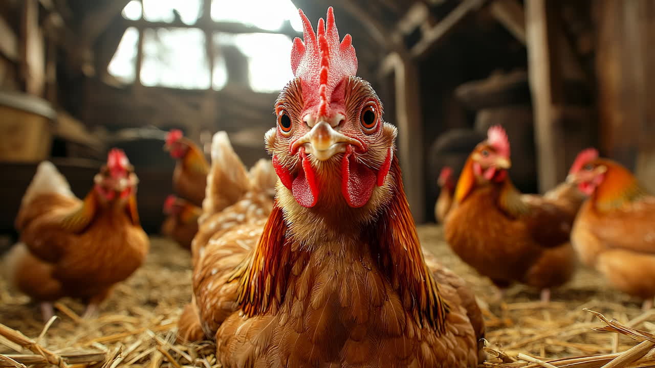 Chickens in a rustic barn setting. Chickens roam freely in a cozy barn, surrounded by straw and wooden beams, enjoying their day in a rural environment