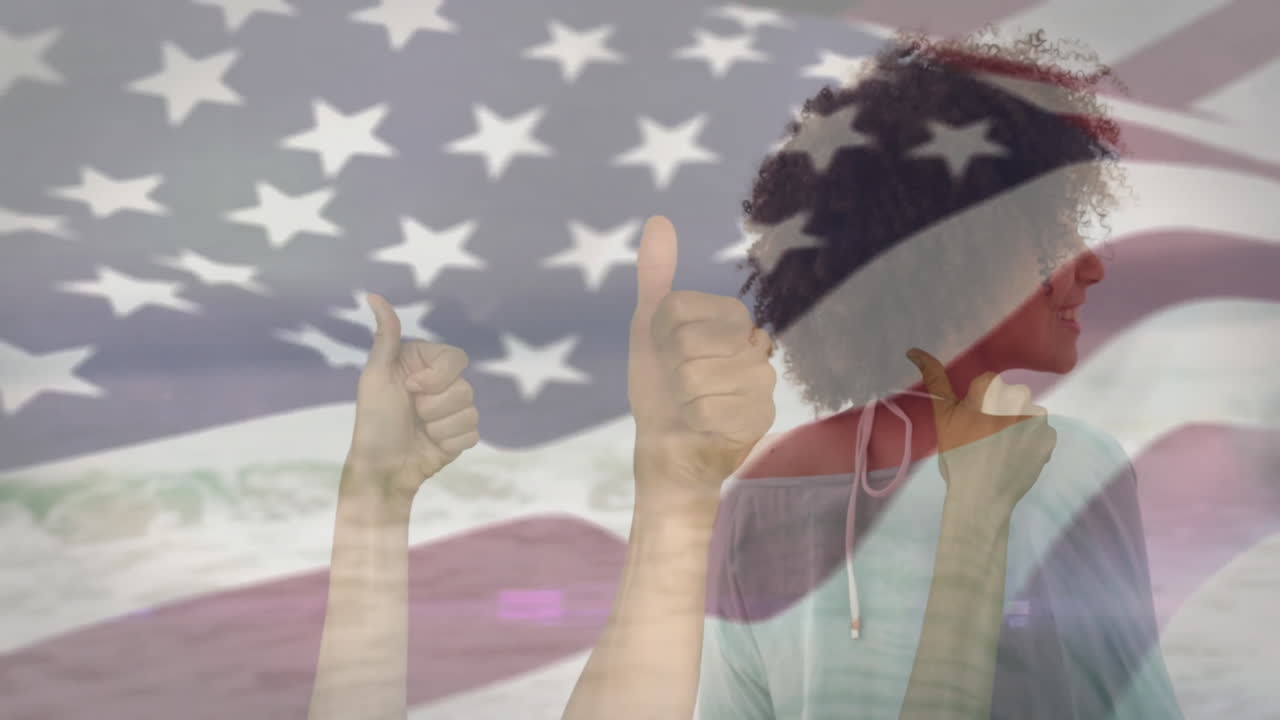 Giving thumbs up, person with animation of American flag in background