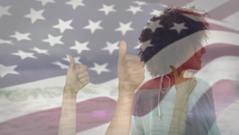 giving thumbs up, person with animation of american flag in background