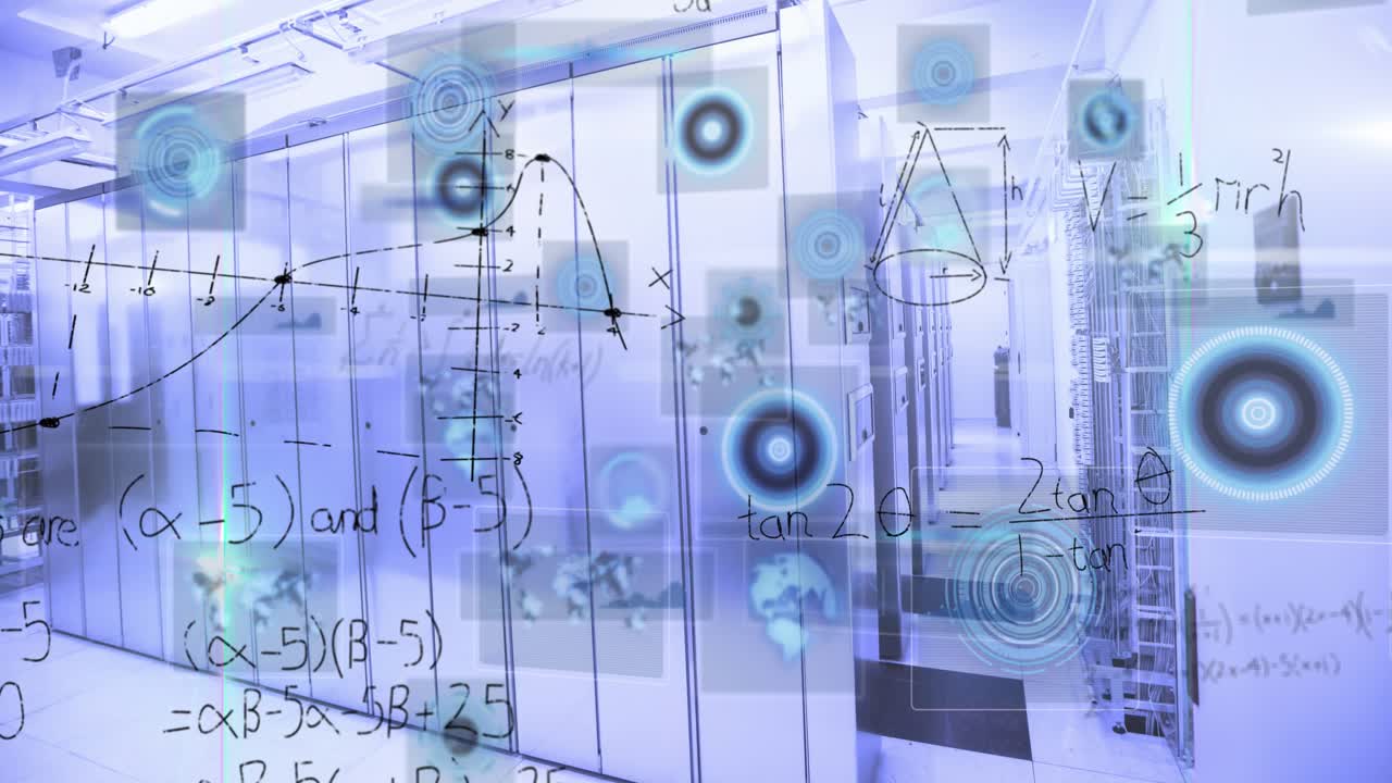 Animation of radars, infographic interface and mathematical equations over server room