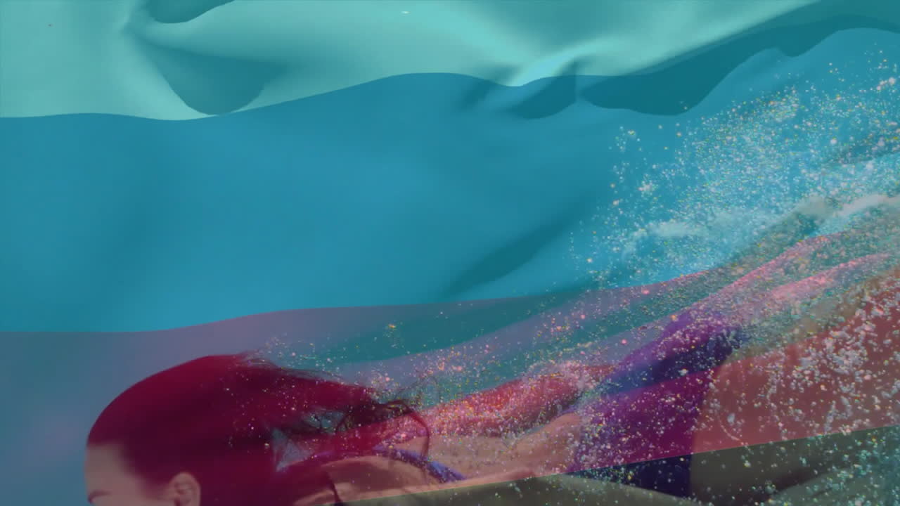 Swimming underwater, woman in animation with bubbles and colorful light patterns