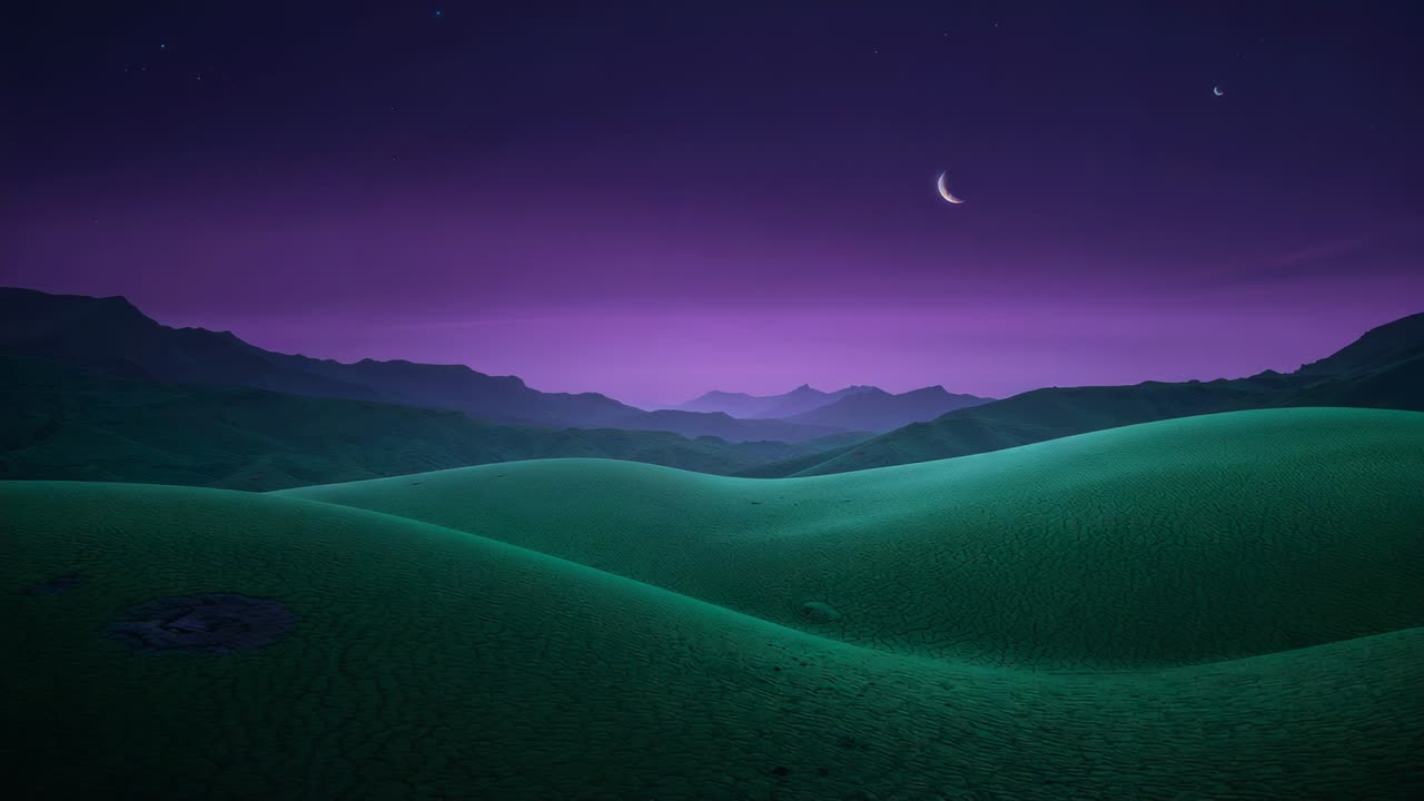 Opening on green dunes under purple night sky, showing crescent moon and stars over horizon ridges