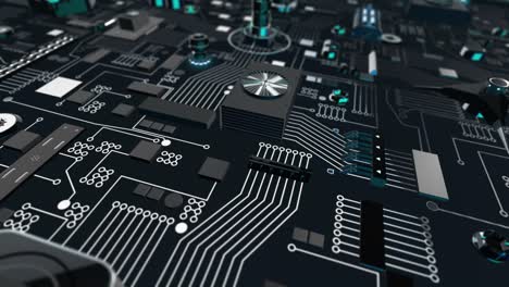 placa de circuito futurista metálico azulado en movimiento