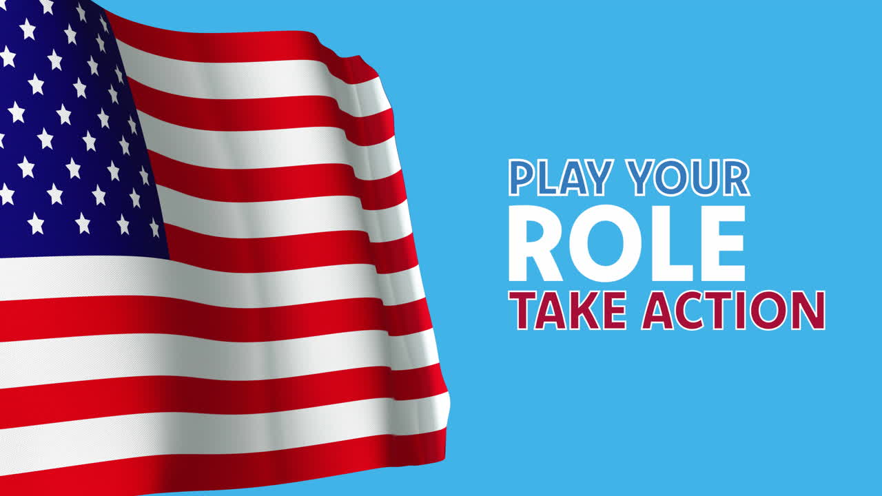 Animation af "Tag del, handl" tekst og et vajende amerikansk flag på blå baggrund.