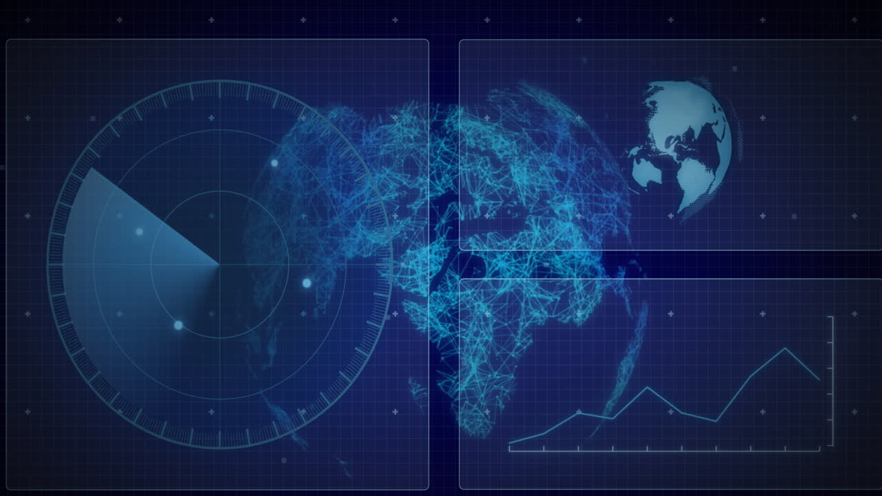 Animation of data processing with scope scanning and globe on black background